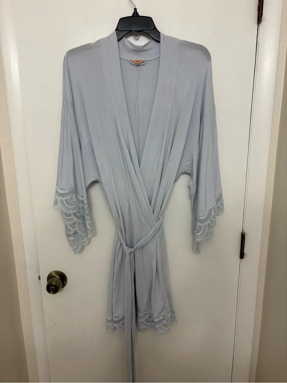 Eberjey Mariana Mademoiselle Kimono Short Robe Ice Blue Tencel Modal Lace Trim M